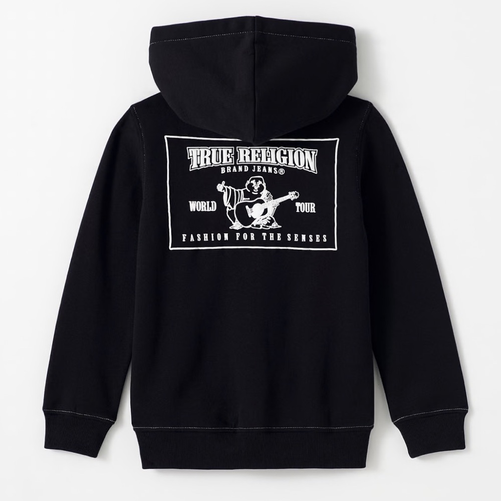 NWT True Religion Boys Black Contrast Stitch Zip Up Hoodie Youth Medium